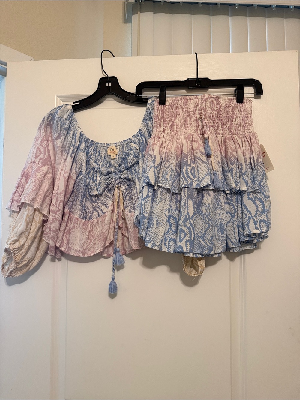 Surf Gypsy Pink and Blue Printed Ruffle Crop Top Set
